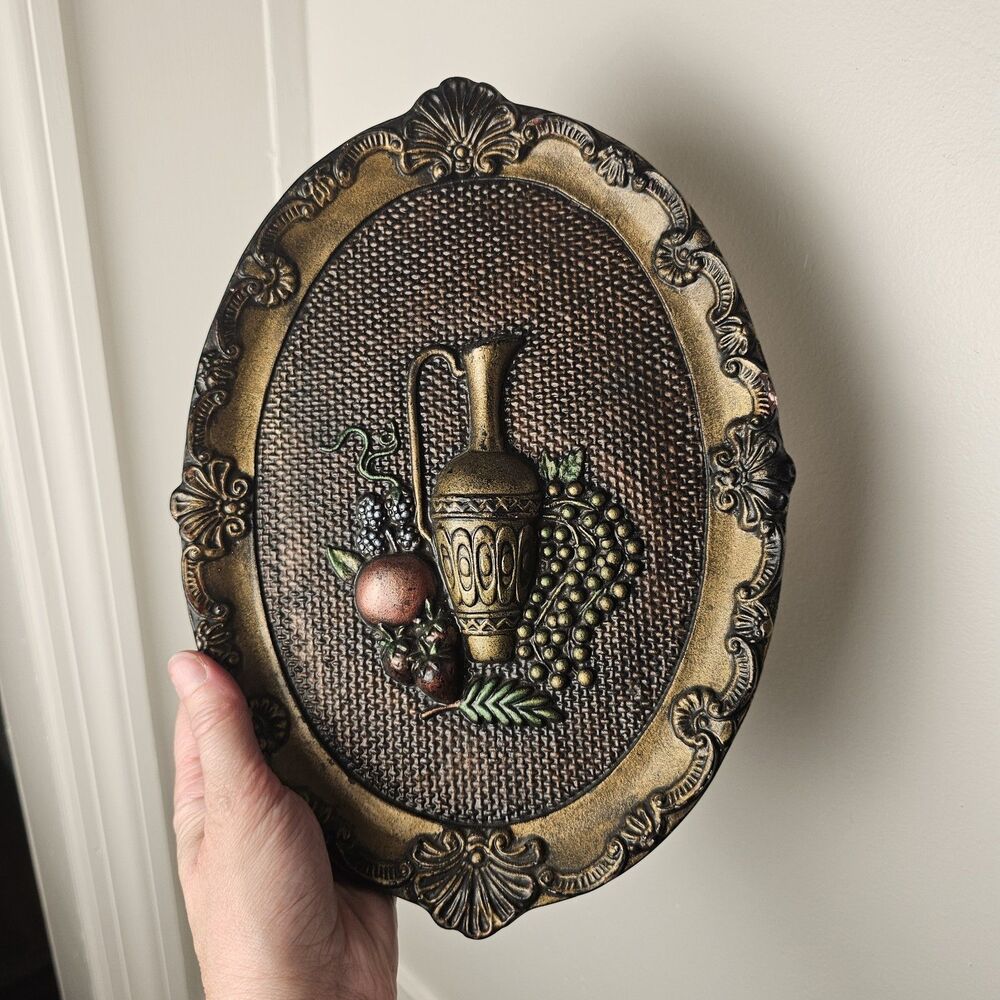 Vintage Ornate Framed 3D Winery Wall Plaque Still Life Jug & Fruit Moody Art
